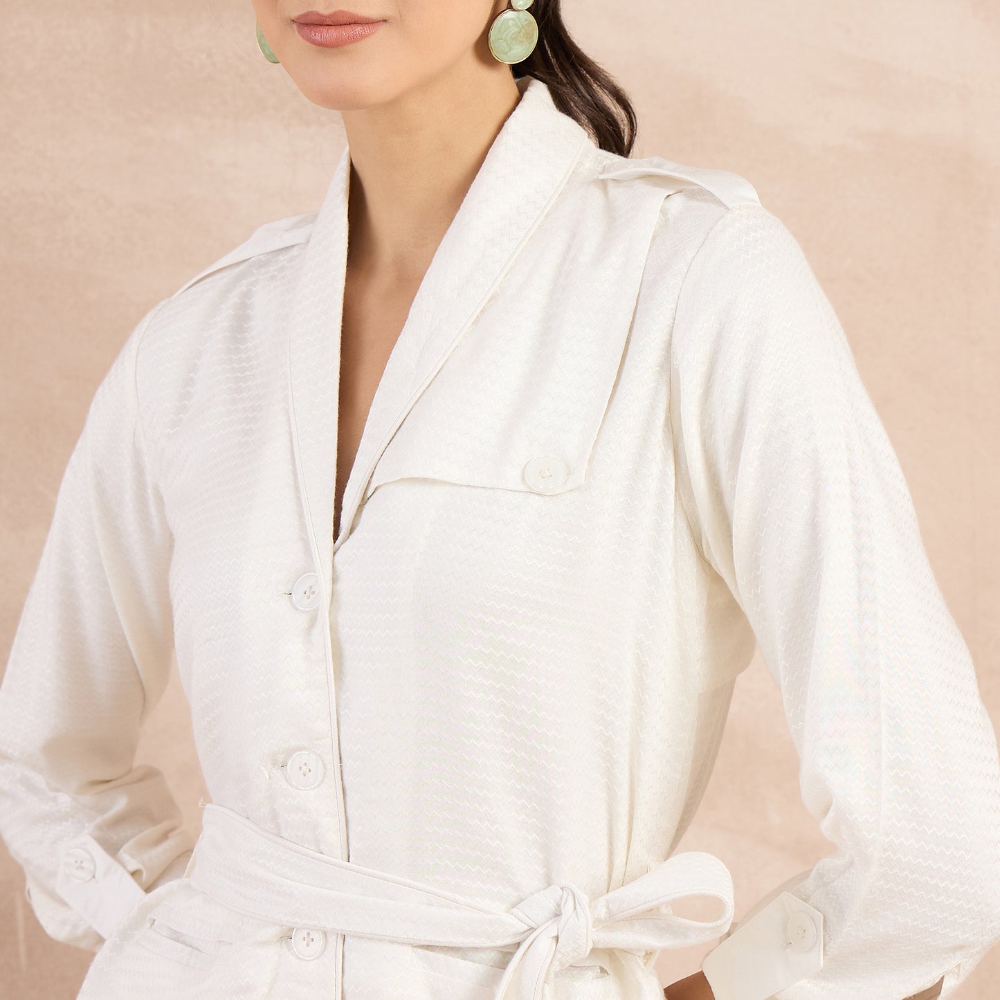 Off-White Herringbone Shawl Collar Trench Dress with Belt