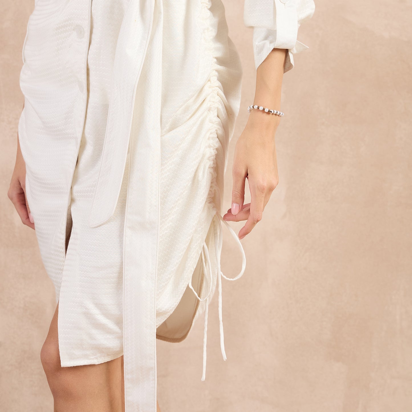 Off-White Herringbone Shawl Collar Trench Dress with Belt