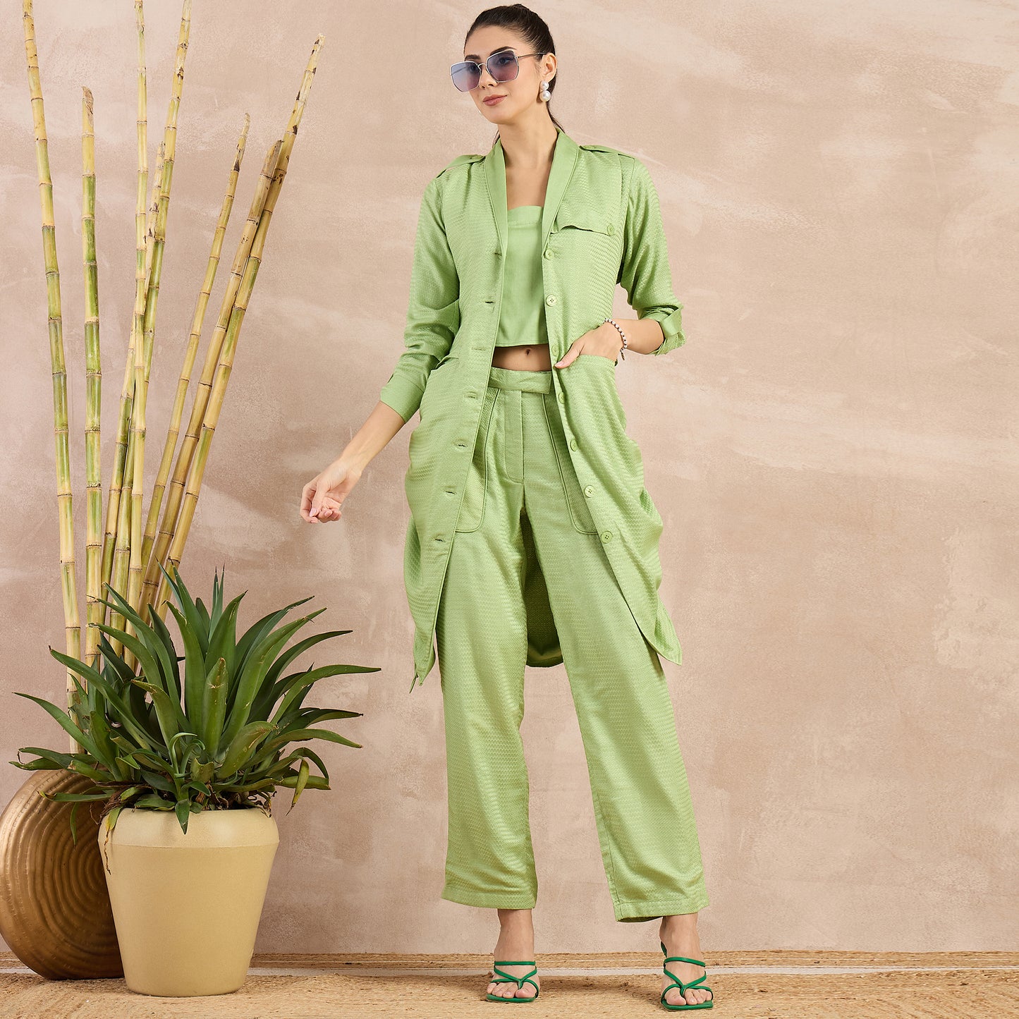 Pastel Green Textured Dress for Women – 100% Sugarcane – Close Up | First Resort by Ramola Bachchan