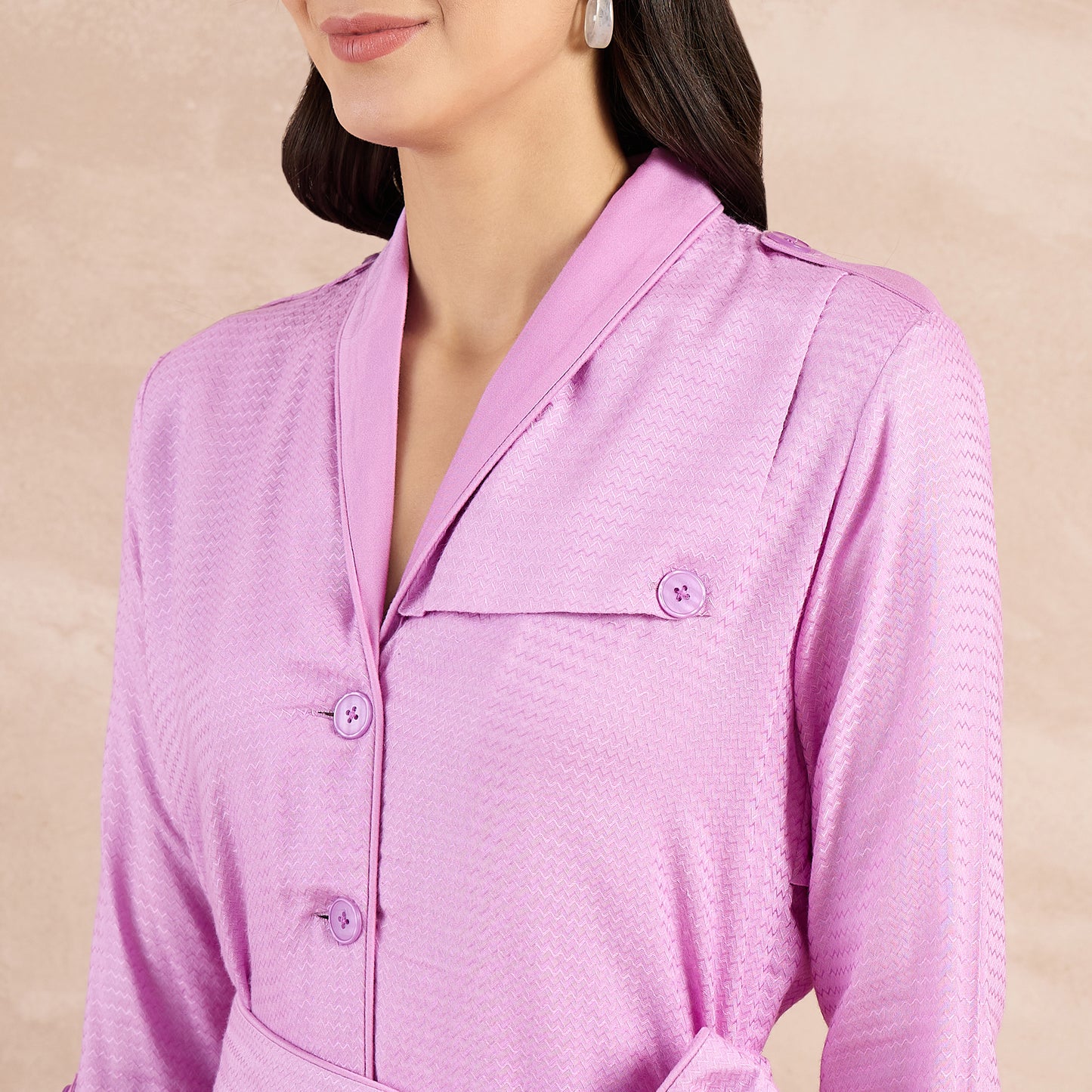 Purple Herringbone Shawl Collar Trench Dress with Belt