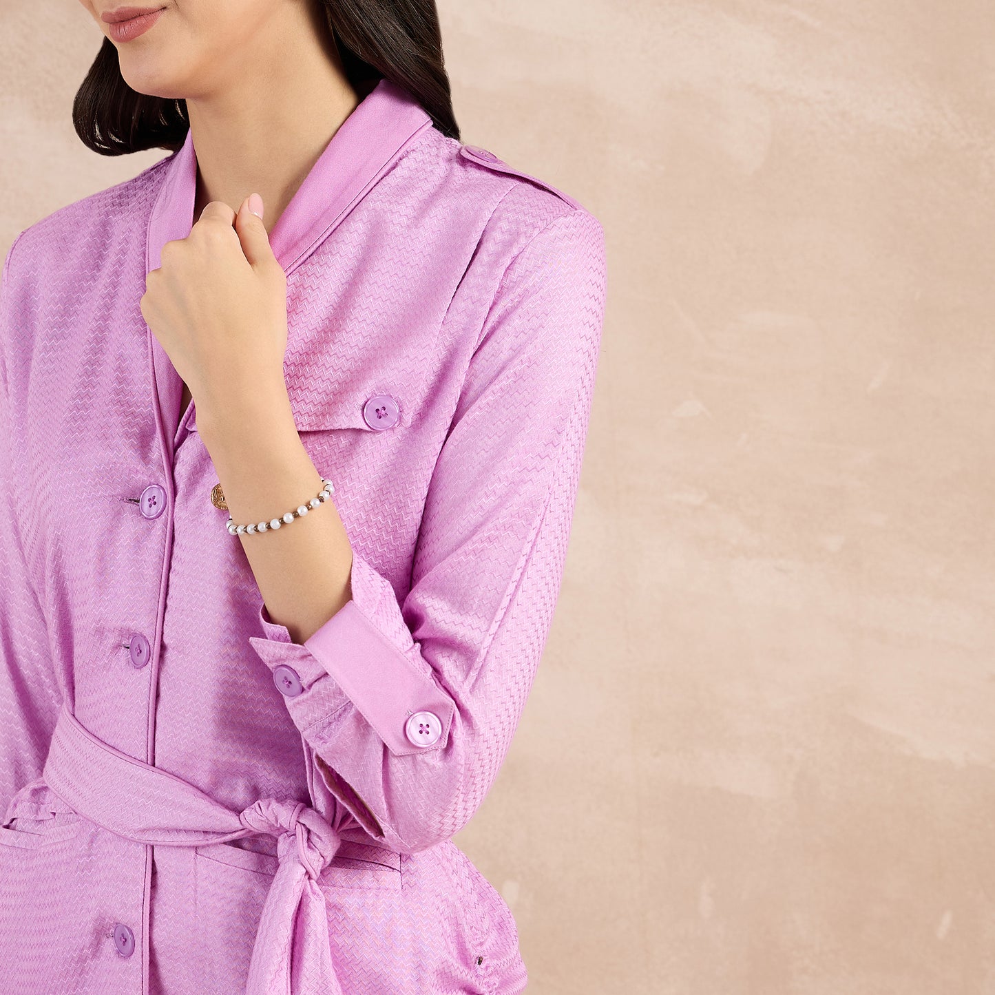 Purple Herringbone Shawl Collar Trench Dress with Belt