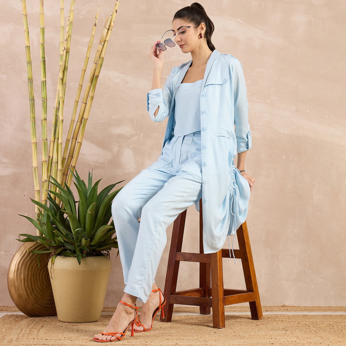 Sky Blue Herringbone Shawl Collar Trench Dress with Belt