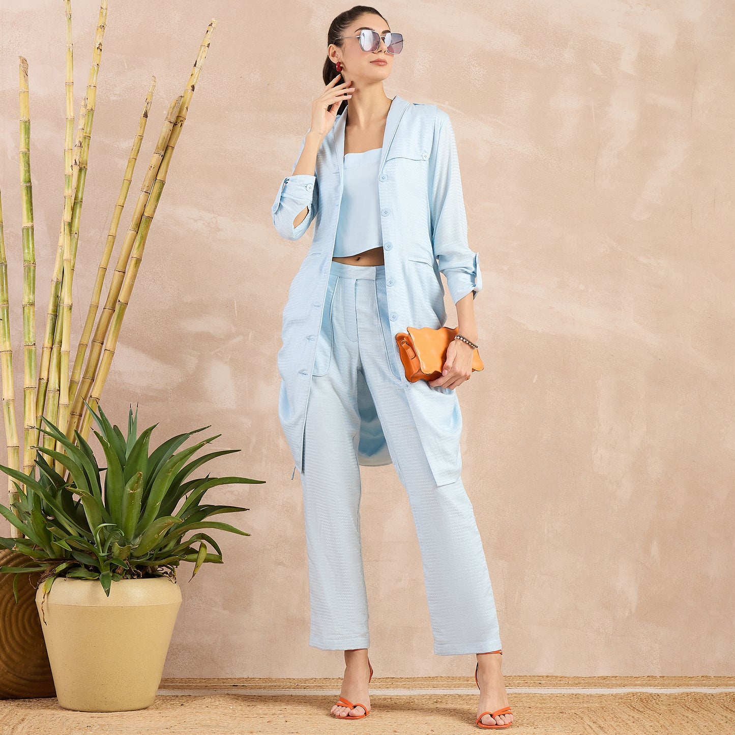 Sky Blue Herringbone Shawl Collar Trench Dress with Belt