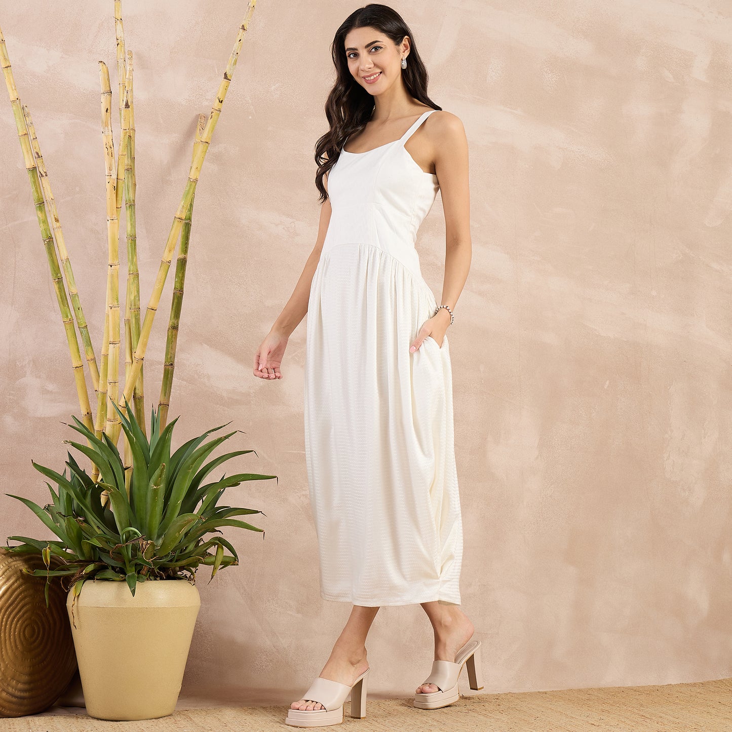 Off-White Herringbone Mid Length Dress