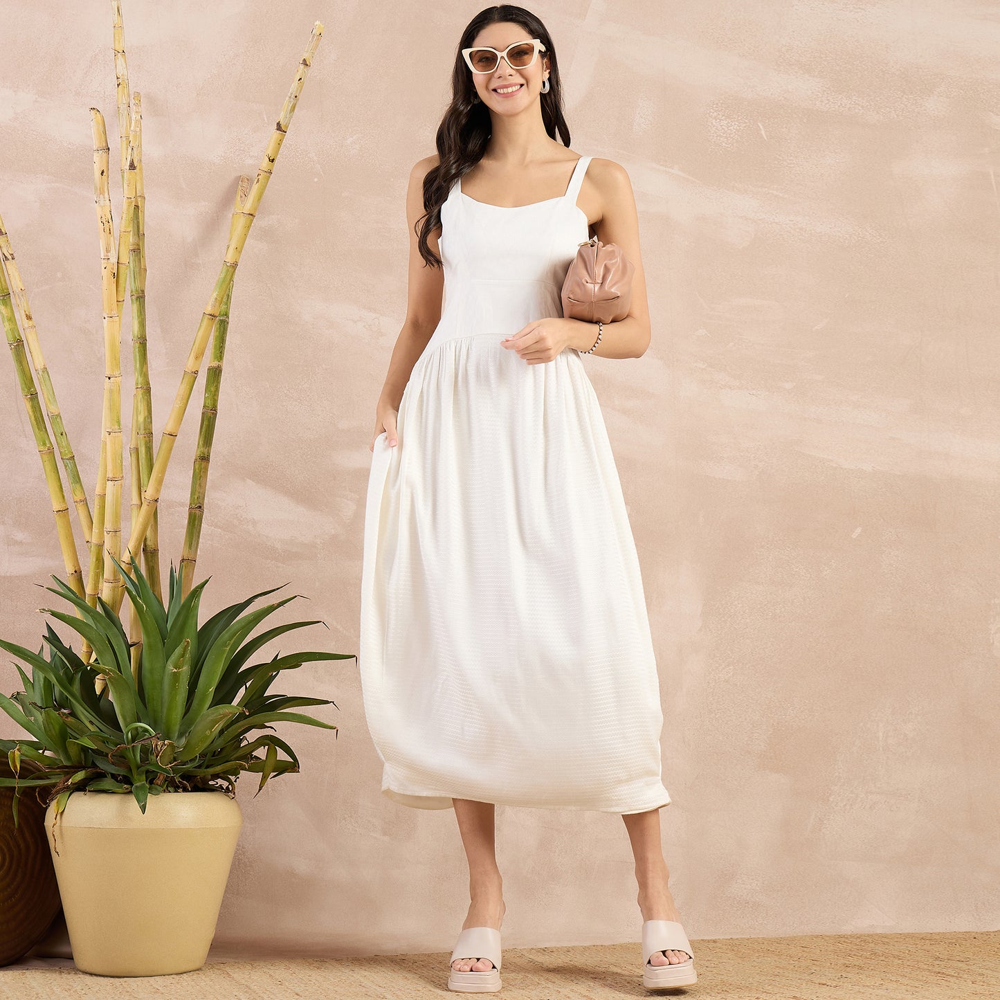 Off-White Herringbone Mid Length Dress