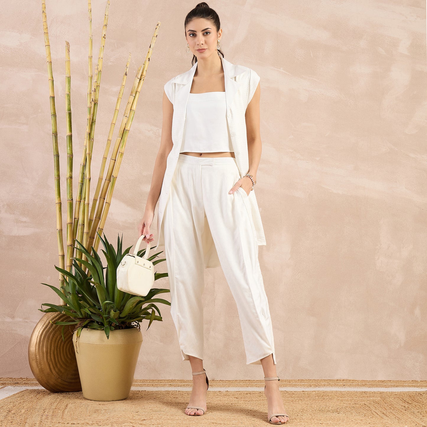 Off-White Herringbone Lapel Collar Trench Dress with Belt