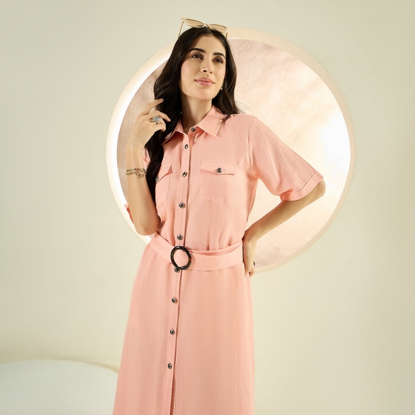 Blush Peach Mid-Length Linen Shirt Dress