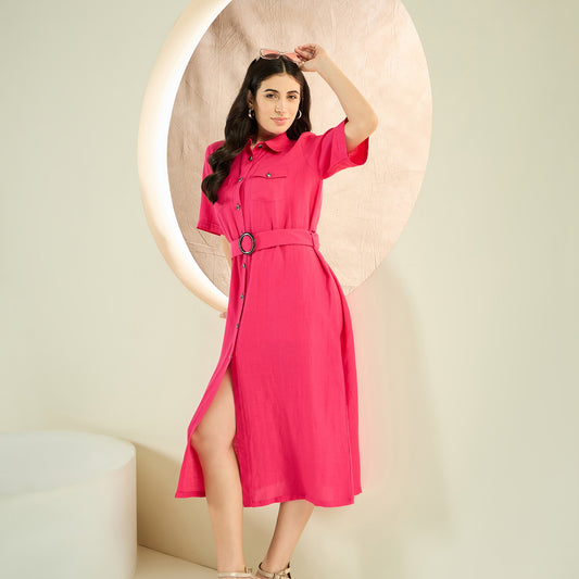 Hot Pink Mid-Length Linen Shirt Dress