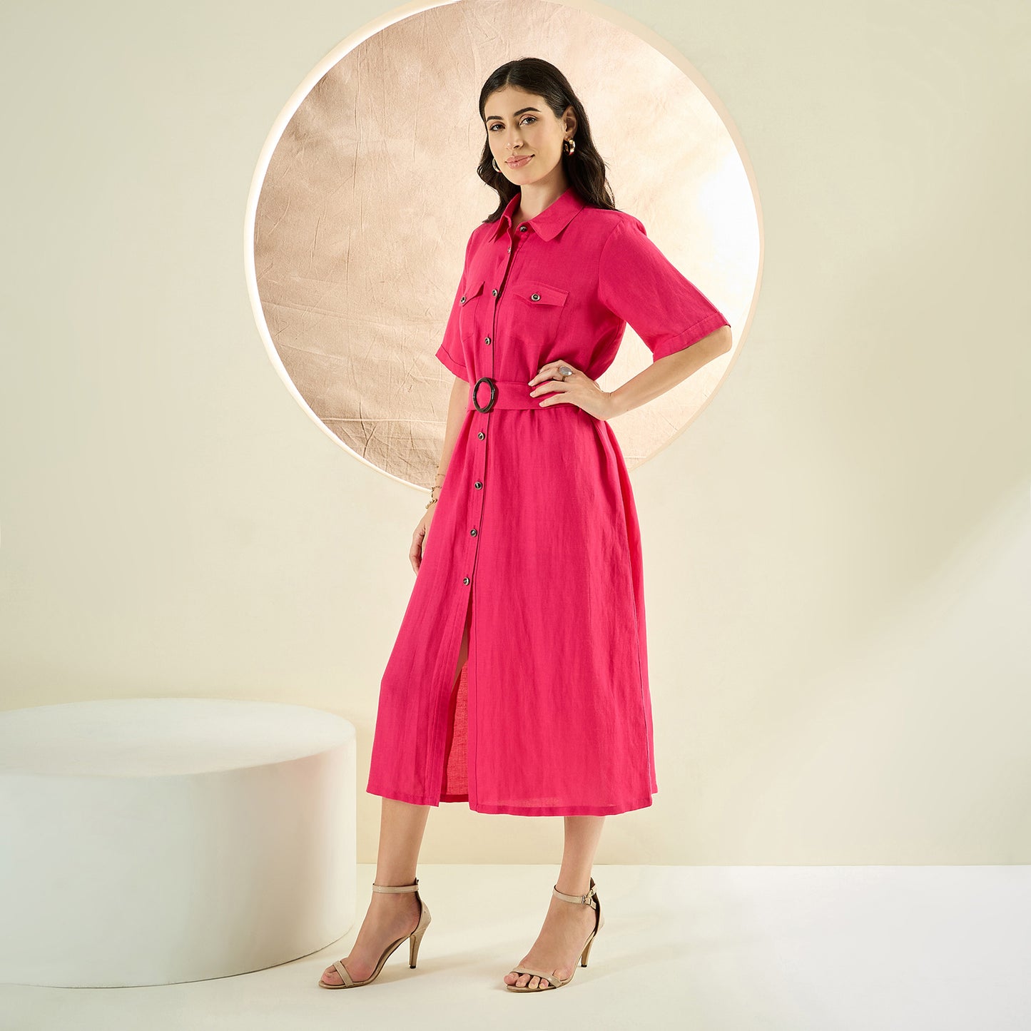 Hot Pink Mid-Length Linen Shirt Dress