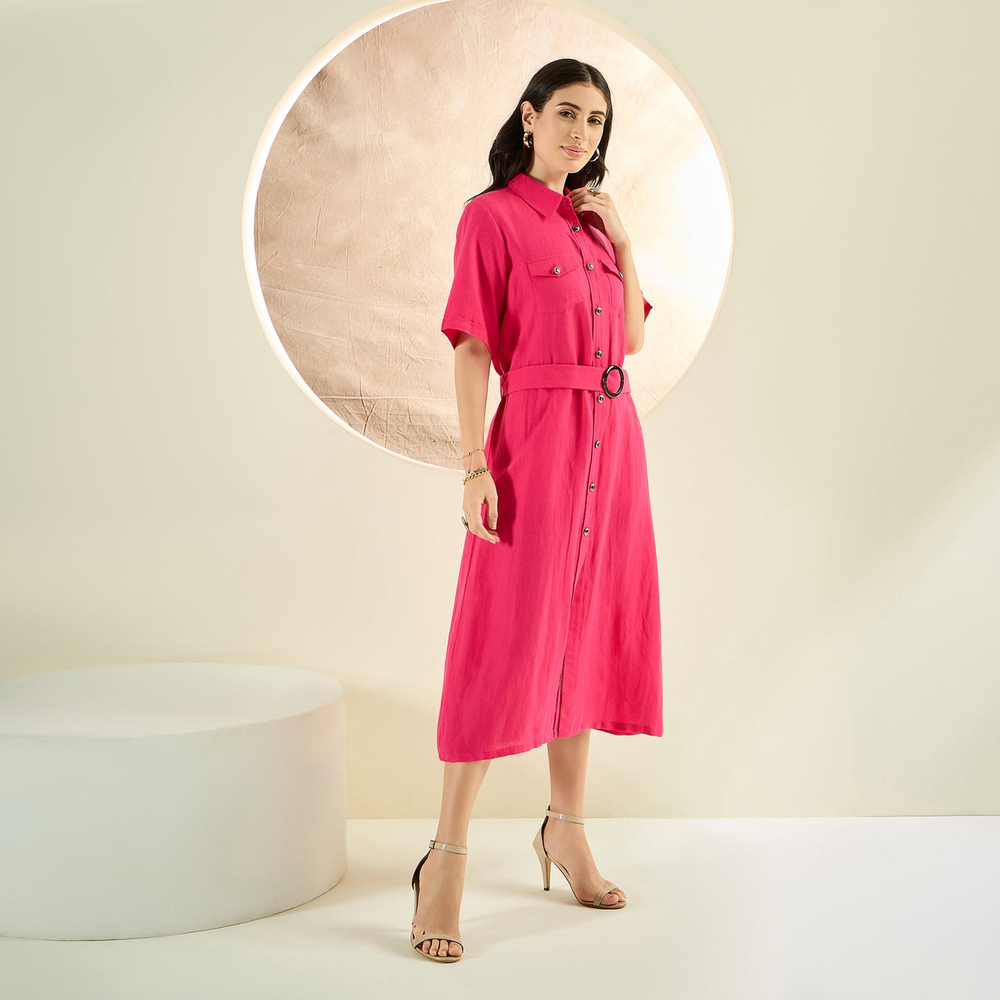 Hot Pink Mid-Length Linen Shirt Dress