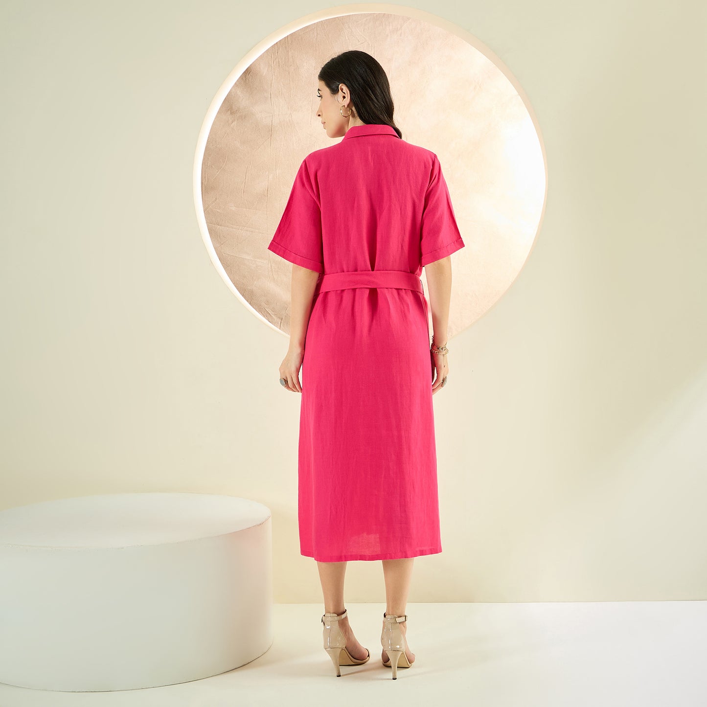 Hot Pink Mid-Length Linen Shirt Dress
