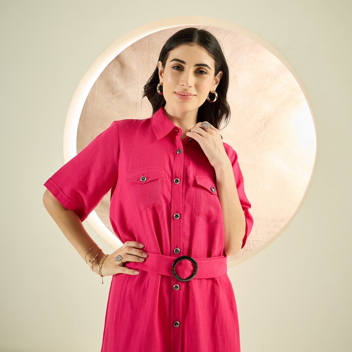 Hot Pink Mid-Length Linen Shirt Dress