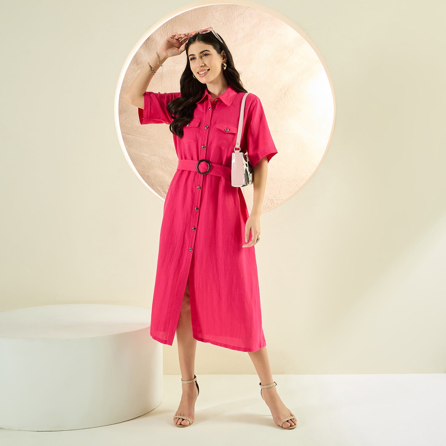 Hot Pink Mid-Length Linen Shirt Dress