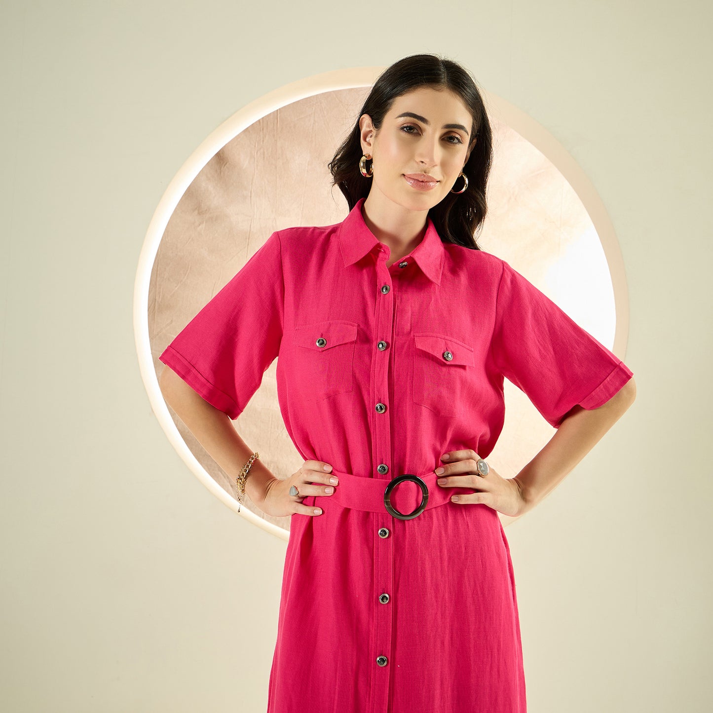 Hot Pink Mid-Length Linen Shirt Dress