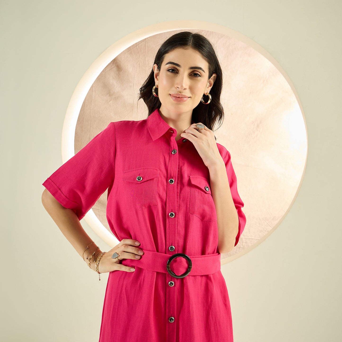 Hot Pink Mid-Length Linen Shirt Dress
