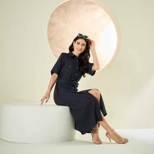 Nearly Black Mid-Length Linen Shirt Dress