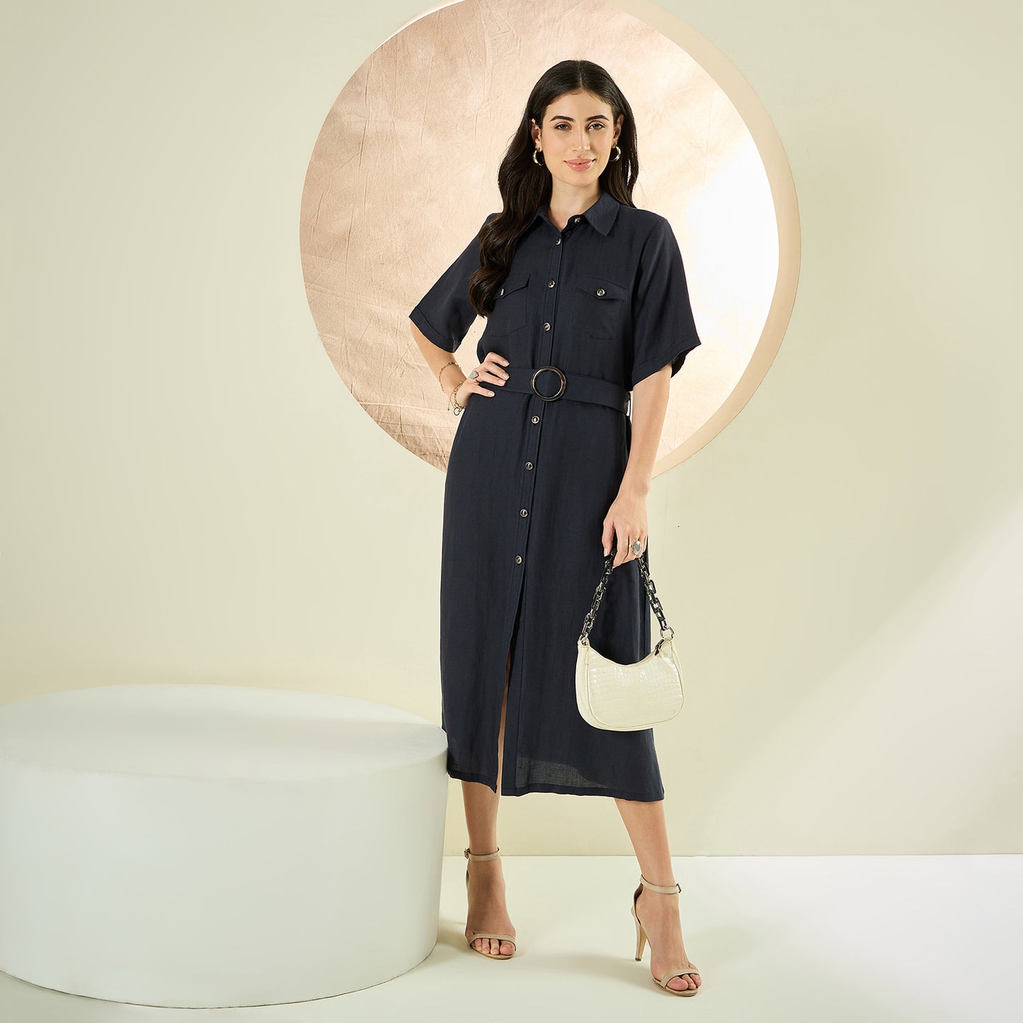 Nearly Black Mid-Length Linen Shirt Dress