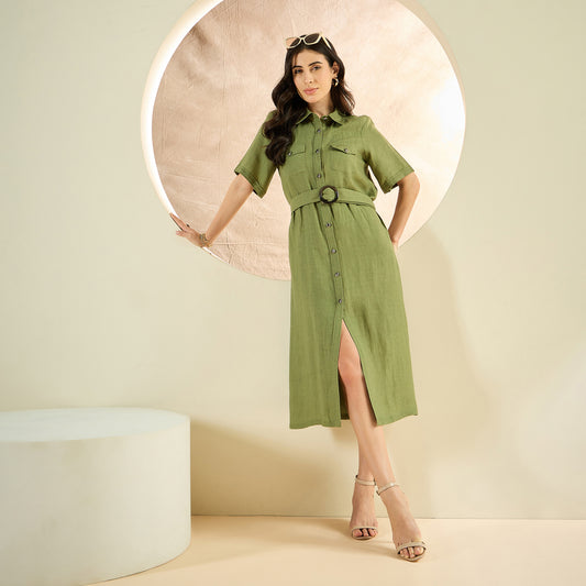 Olive Green Mid-Length Linen Shirt Dress