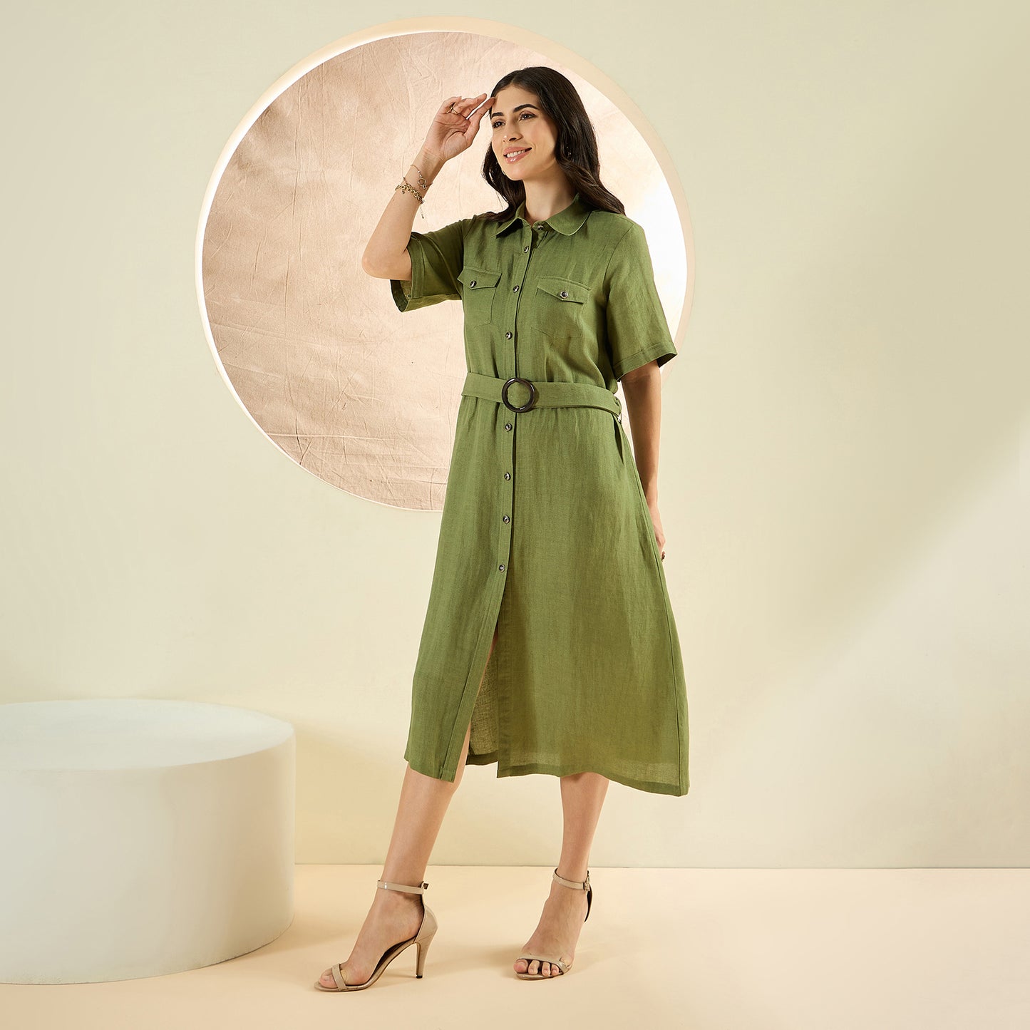 Olive Green Mid-Length Linen Shirt Dress