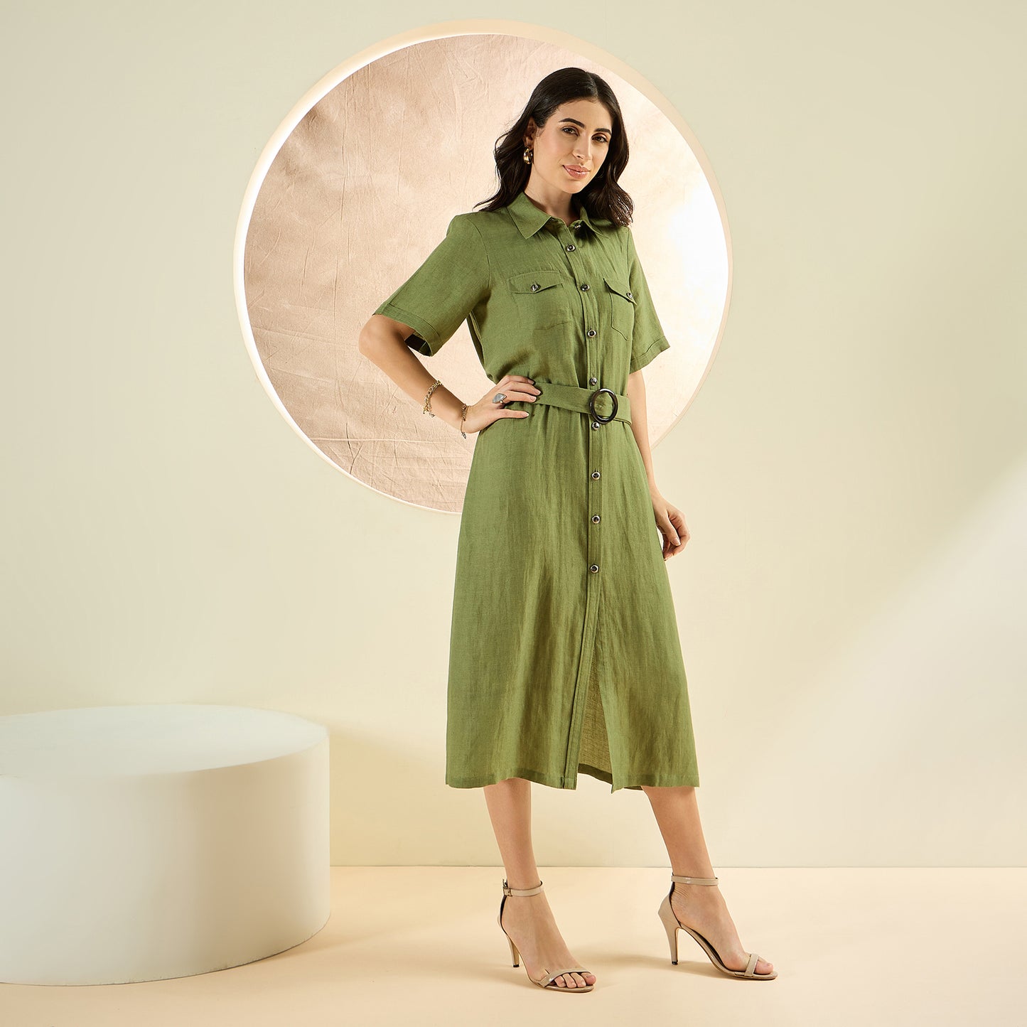 Olive Green Mid-Length Linen Shirt Dress