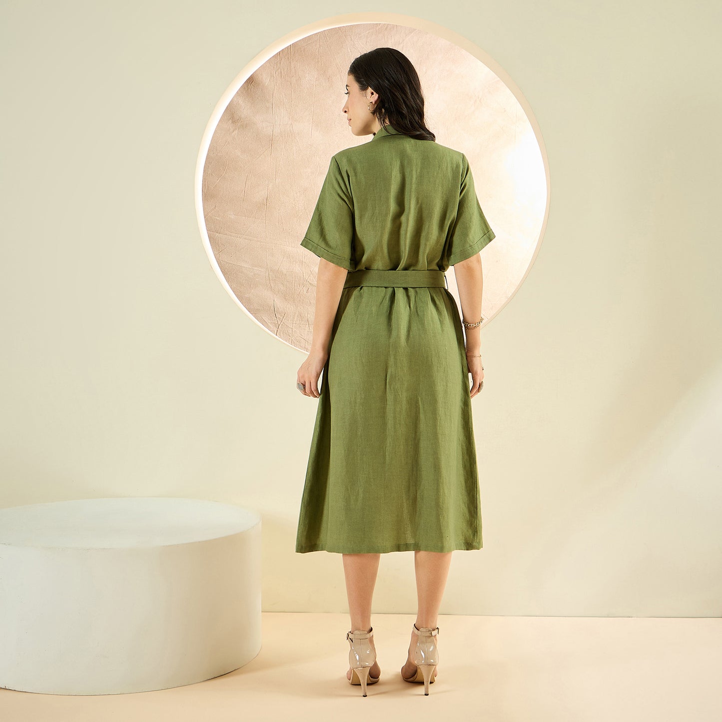 Olive Green Mid-Length Linen Shirt Dress