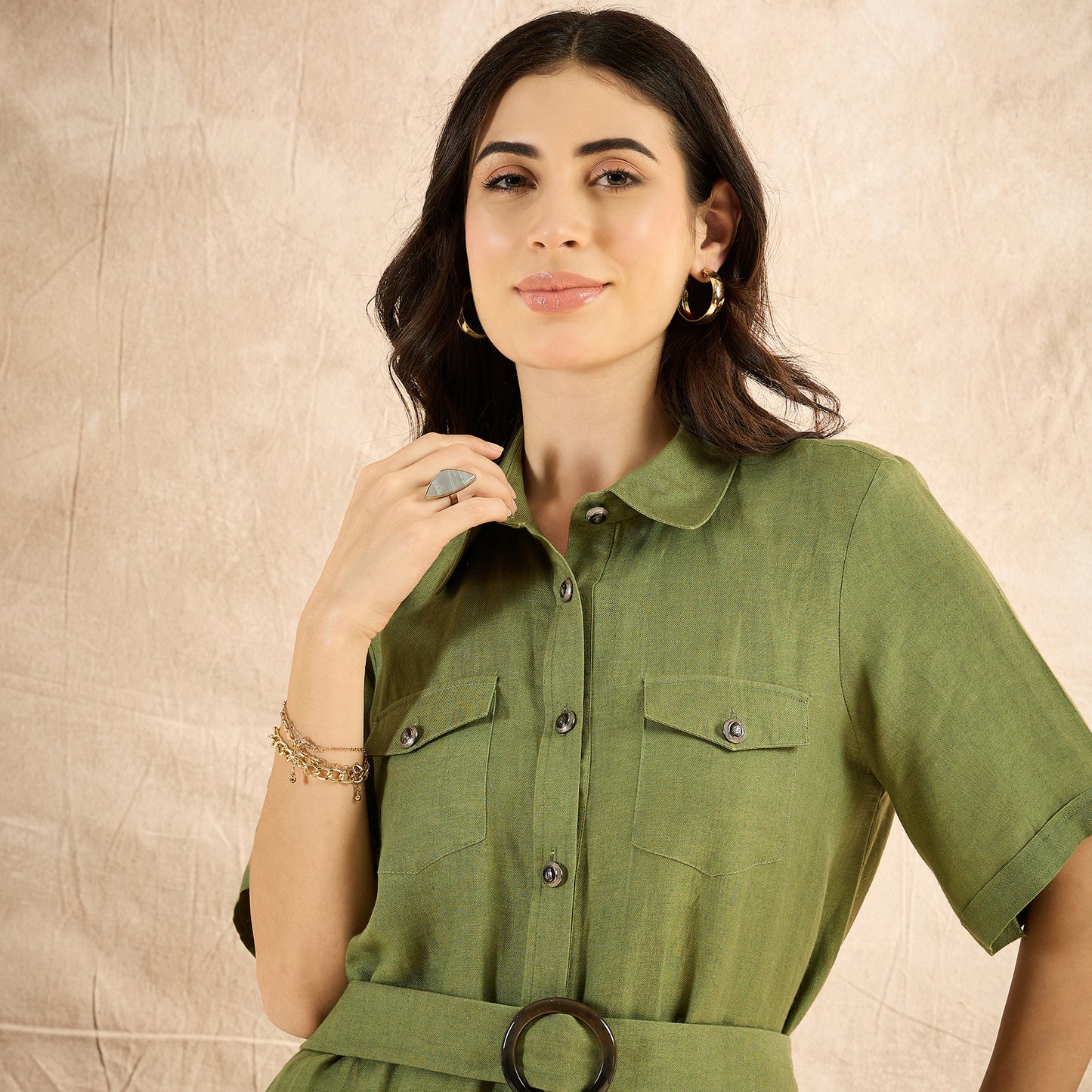 Olive Green Mid-Length Linen Shirt Dress