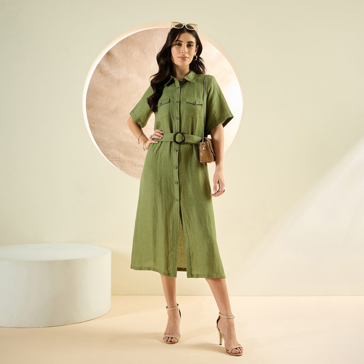 Olive Green Mid-Length Linen Shirt Dress