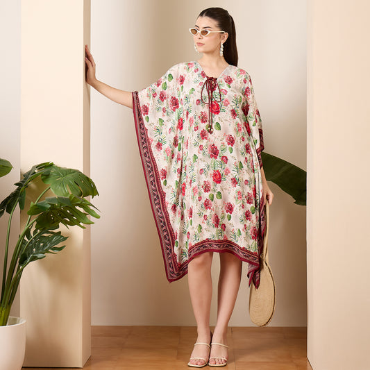Red Rose Print Tie-up Kaftan Dress