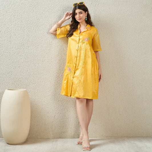 Yellow Hand-Embroidered Pin-Tuck Shirt Dress