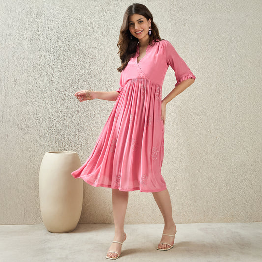 Pink Hand-Embroidered Ruffle Dress
