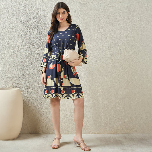 Midnight Blue Geometric Print Dress