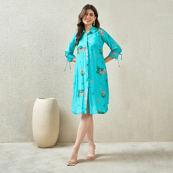 Sky Blue And Pink Floral Print Dress for Women – Bamberg Viscose Muslin | First Resort by Ramola Bachchan
