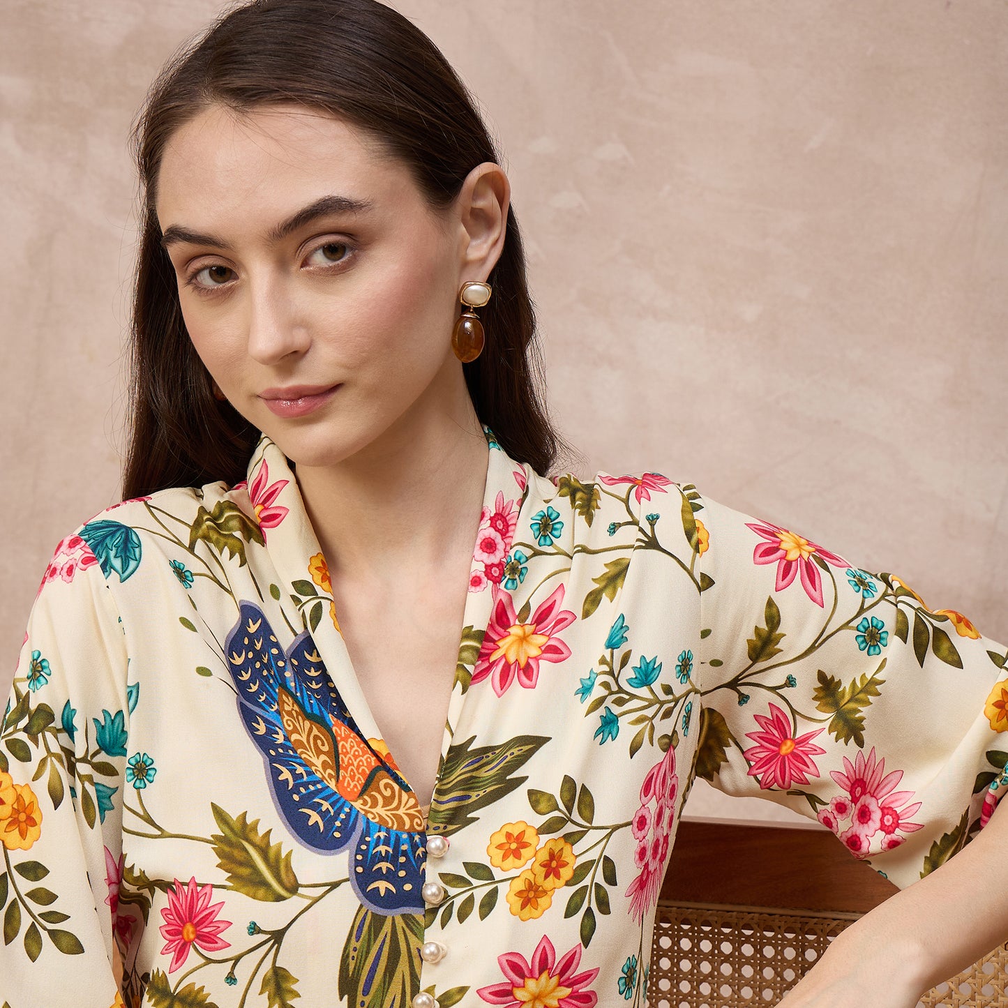 Cream Floral Print Dress for Women – Viscose Rayon – Close Up | First Resort by Ramola Bachchan