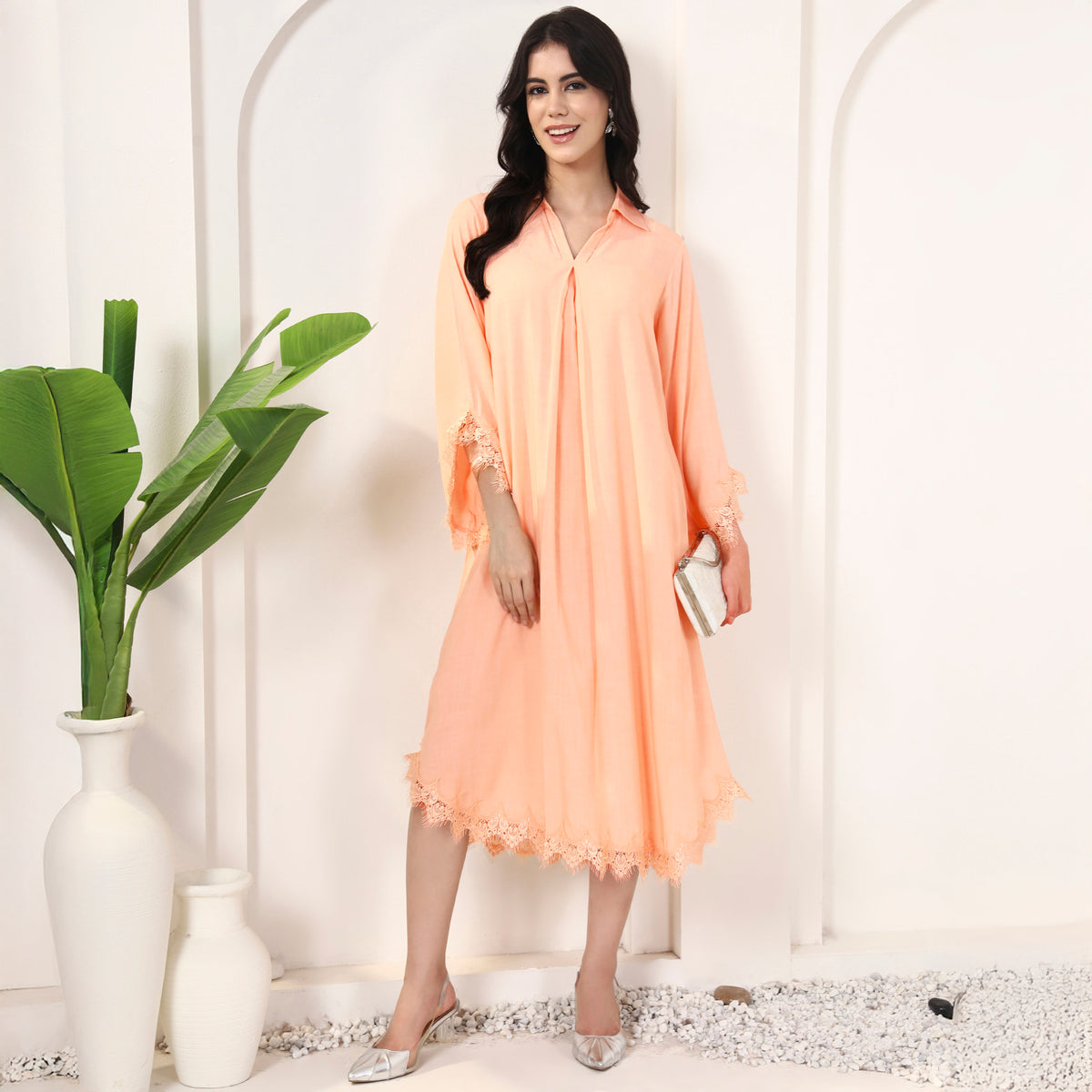 Peach Dress for Women – Viscose Rayon – Close Up | First Resort by Ramola Bachchan