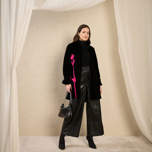 Black and Pink Hand Embroidered Velvet Jacket with Pink Applique