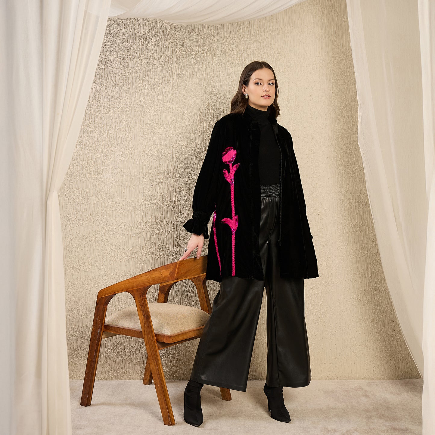 Black and Pink Hand Embroidered Velvet Jacket with Pink Applique