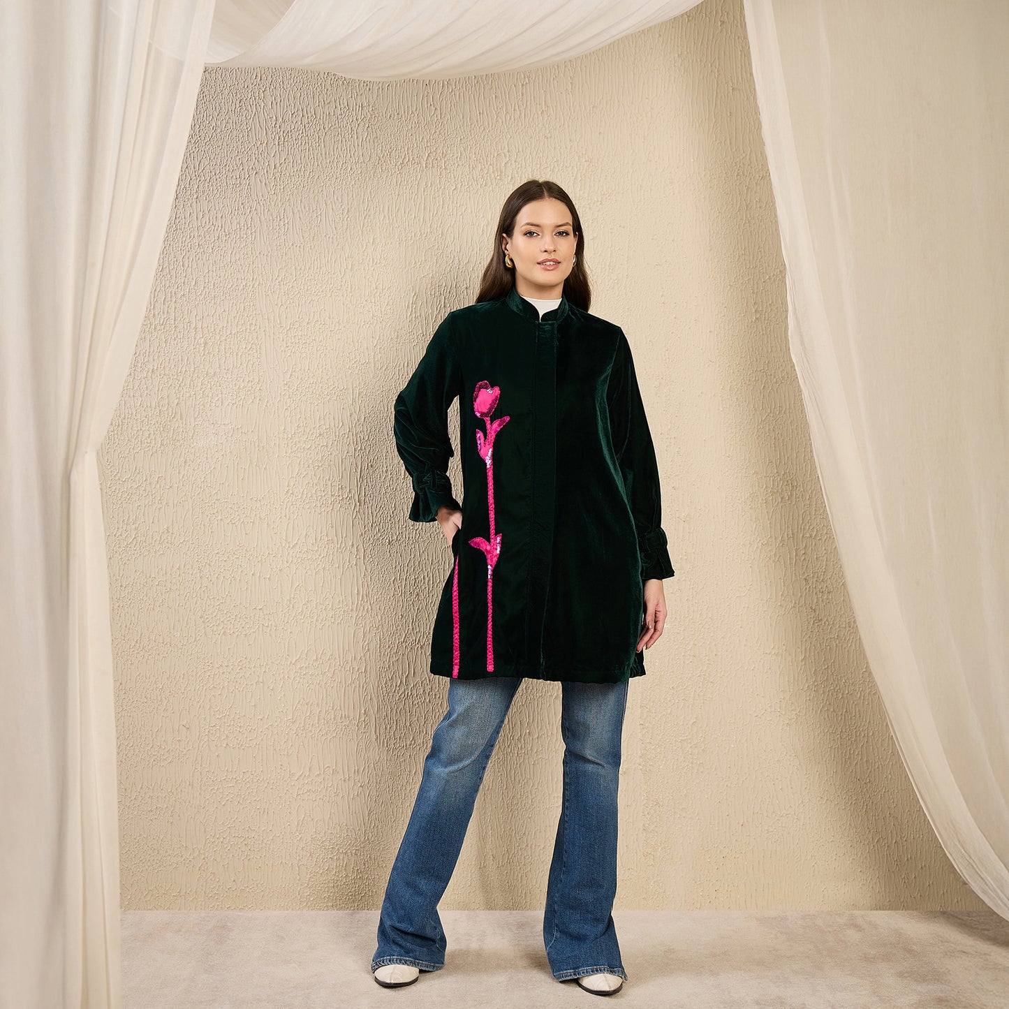 Green and Pink Hand Embroidered Velvet Jacket with Pink Applique