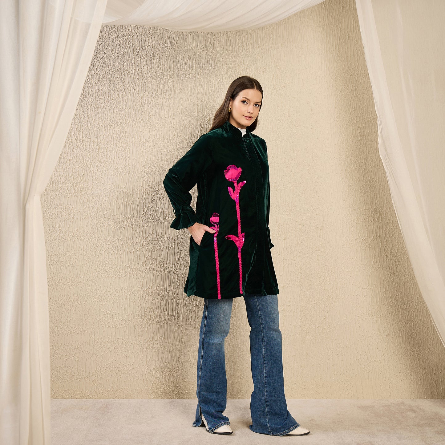 Green and Pink Hand Embroidered Velvet Jacket with Pink Applique