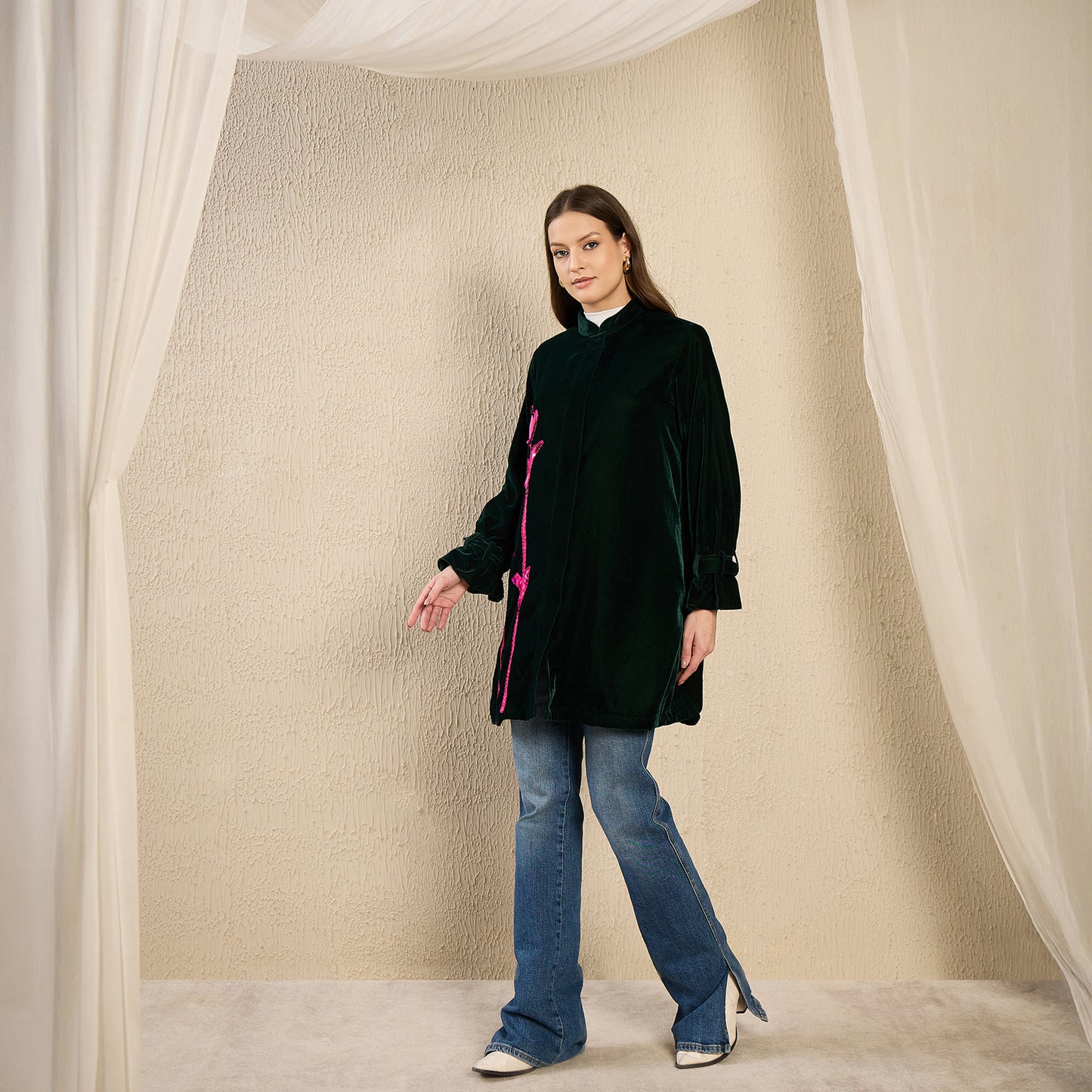 Green and Pink Hand Embroidered Velvet Jacket with Pink Applique