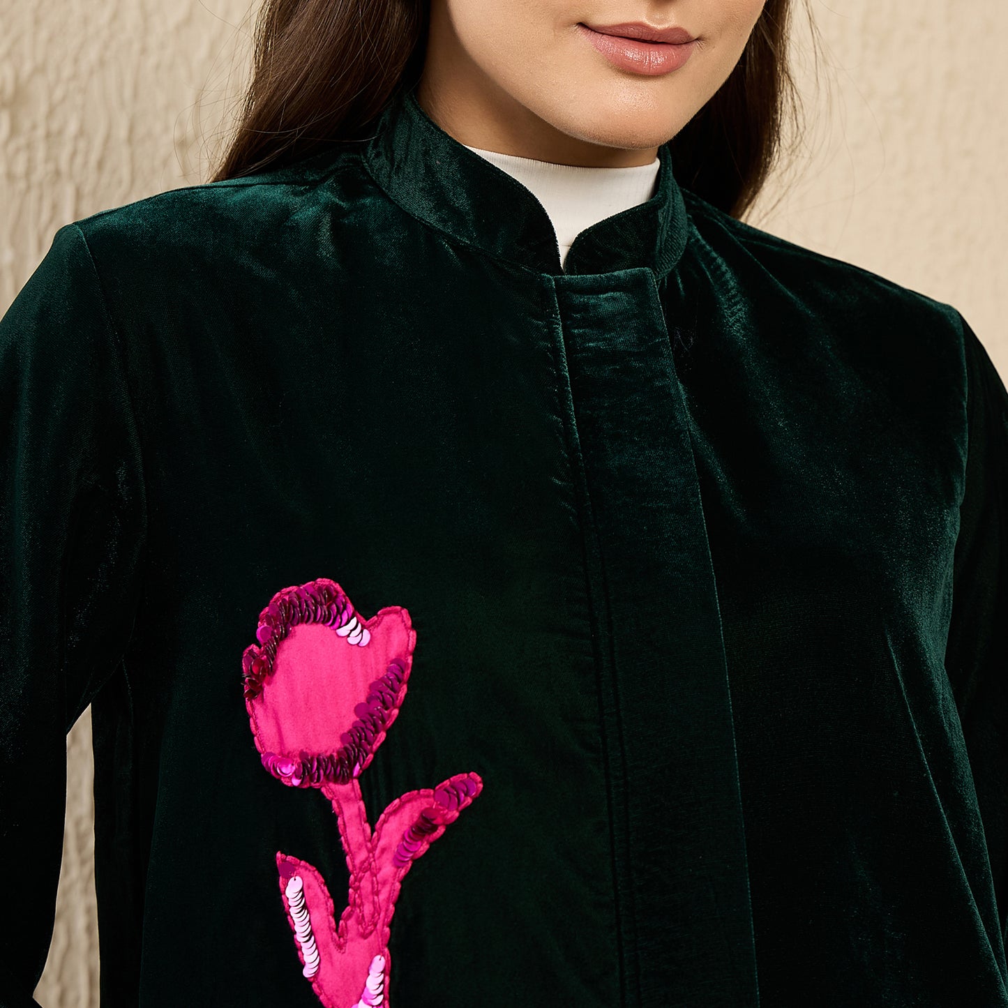 Green and Pink Hand Embroidered Velvet Jacket with Pink Applique