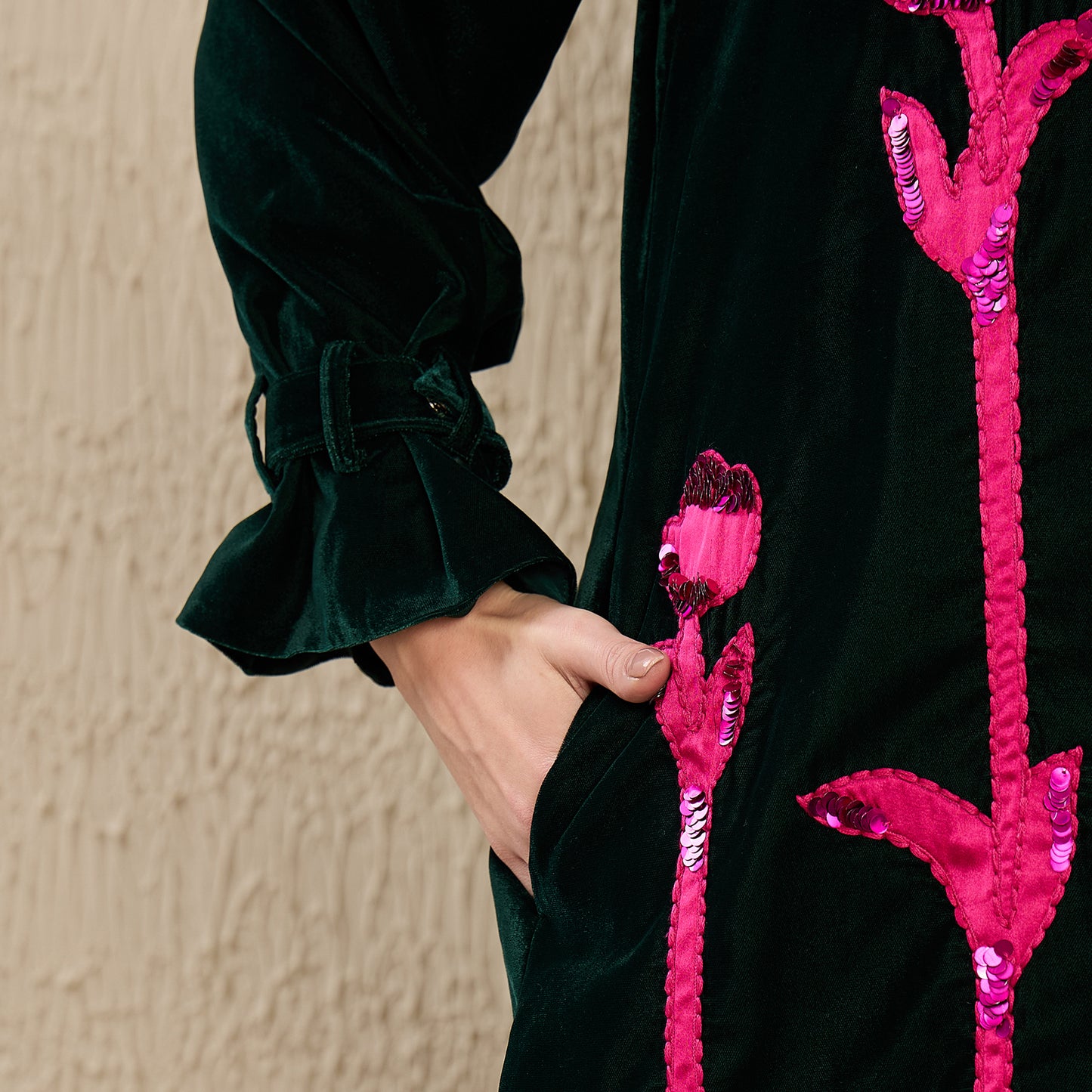 Green and Pink Hand Embroidered Velvet Jacket with Pink Applique