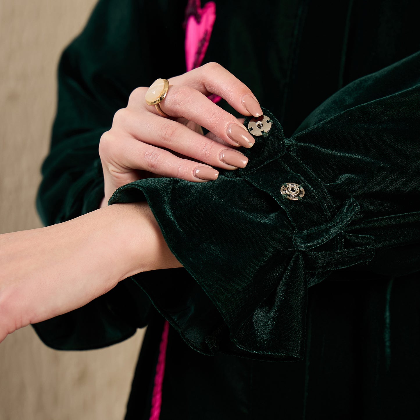 Green and Pink Hand Embroidered Velvet Jacket with Pink Applique