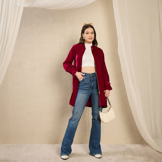 Magenta and Pink Hand Embroidered Velvet Jacket with Pink Applique