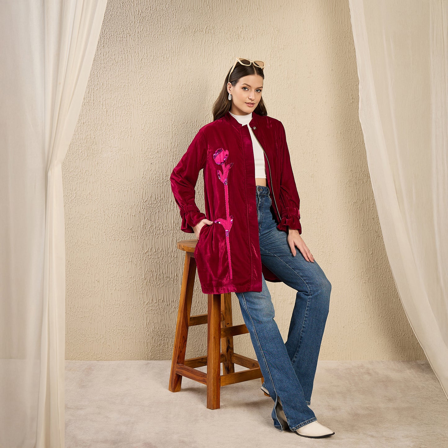 Magenta and Pink Hand Embroidered Velvet Jacket with Pink Applique