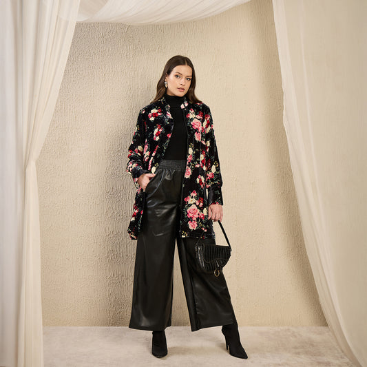 Black and Red Floral Printed Velvet Jacket