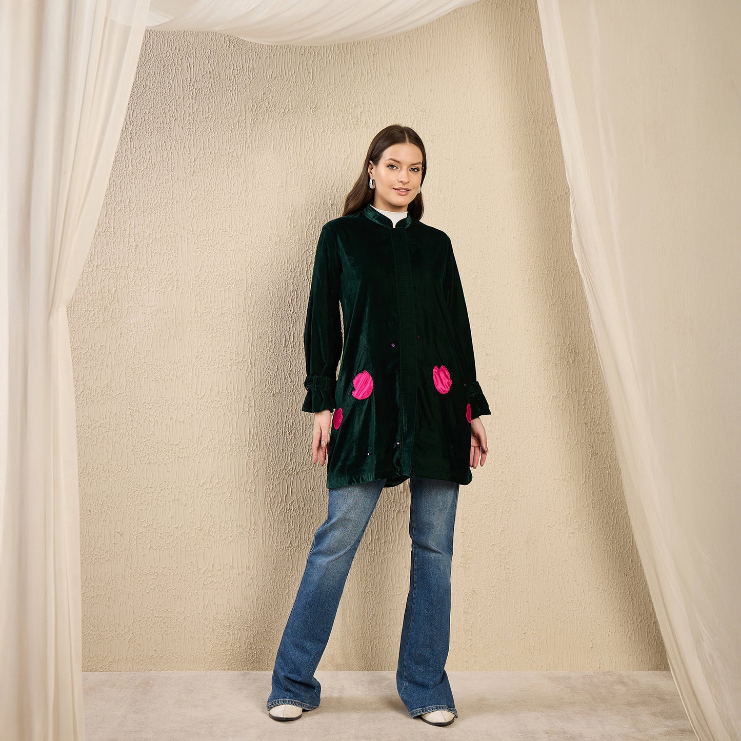 Bottle Green and Pink Tulip Floral Hand Embroidered Velvet Jacket