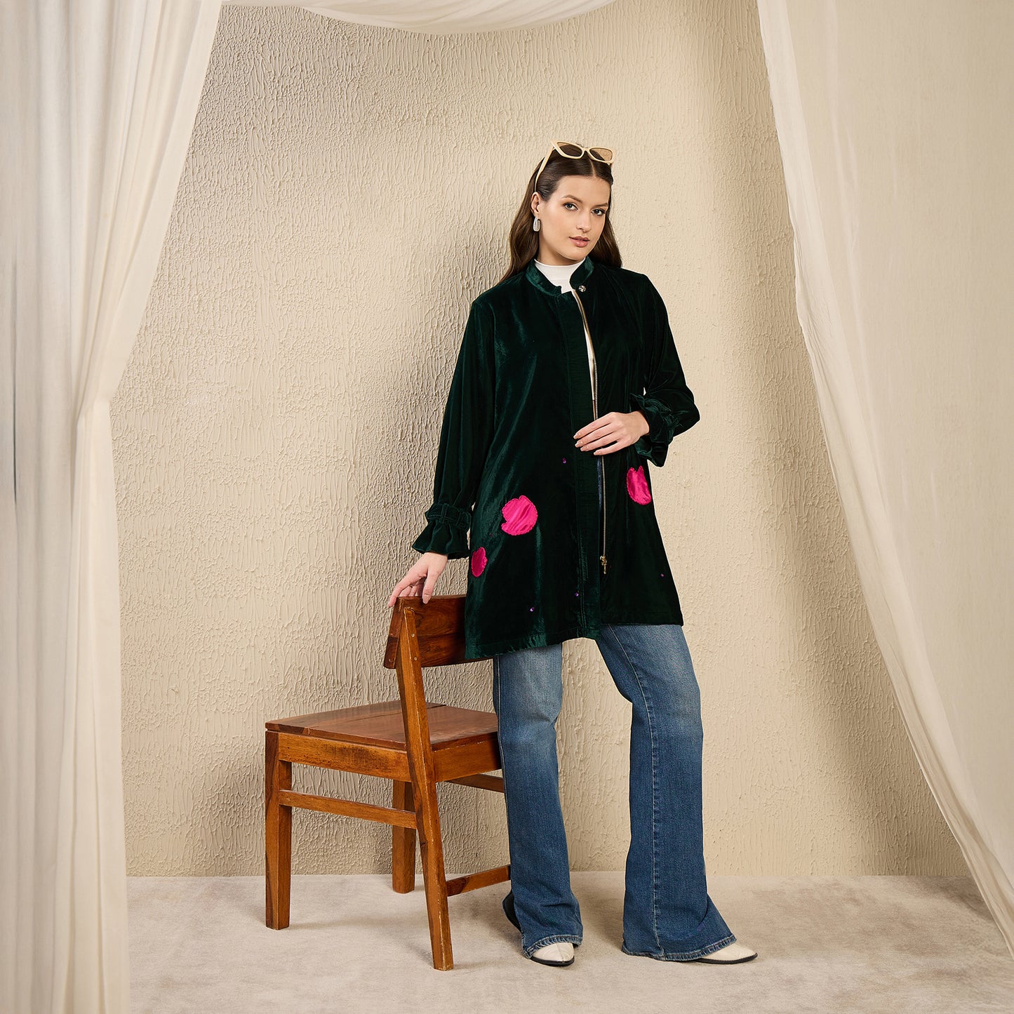 Bottle Green and Pink Tulip Floral Hand Embroidered Velvet Jacket