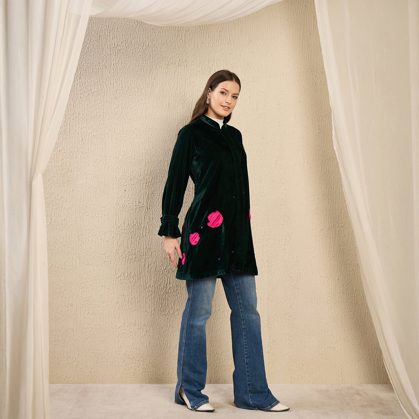 Bottle Green and Pink Tulip Floral Hand Embroidered Velvet Jacket