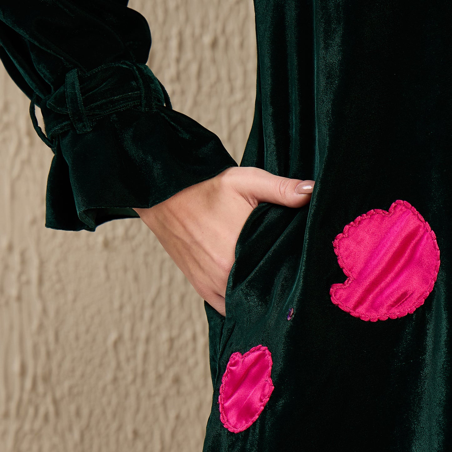 Bottle Green and Pink Tulip Floral Hand Embroidered Velvet Jacket