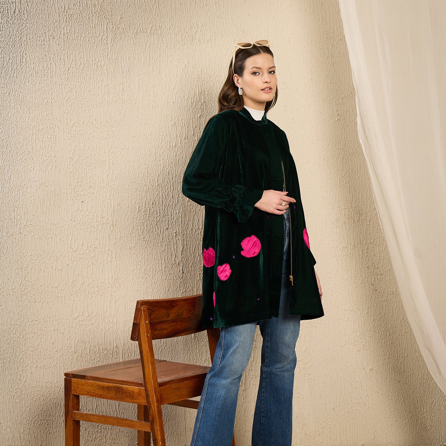 Bottle Green and Pink Tulip Floral Hand Embroidered Velvet Jacket